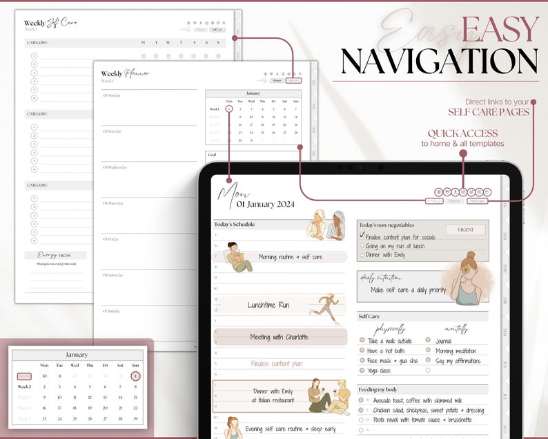 May include: A digital planner with a pink and white color scheme. The planner includes a calendar, a daily schedule, and a self-care section. The text on the screen reads "Mon 01 January 2024".