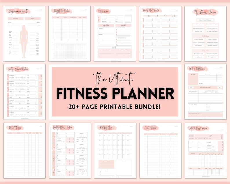 May include: A printable fitness planner bundle with pink and white pages. The pages include sections for tracking body measurements, weight loss, weekly fitness, monthly fitness, meal tracking, goals and milestones, and a fitness planner.