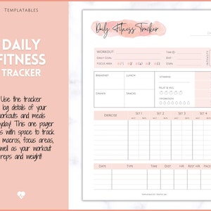 May include: A printable daily fitness tracker with sections for workout details, meals, and exercise. The tracker has a pink watercolor background and the text "Daily Fitness Tracker" at the top.