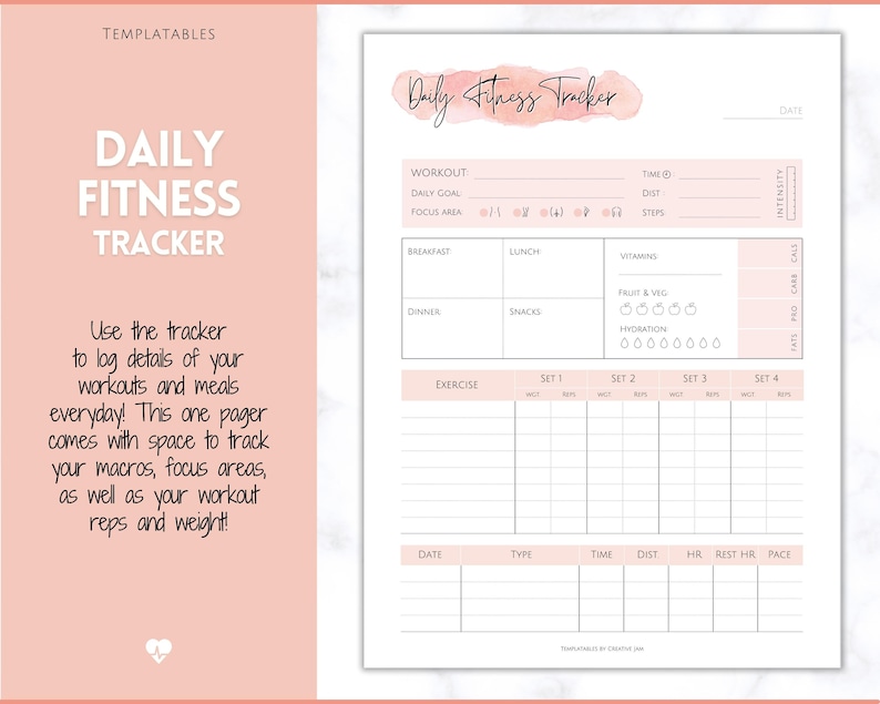May include: A printable daily fitness tracker with sections for workout details, meals, and exercise. The tracker has a pink watercolor background and the text "Daily Fitness Tracker" at the top.
