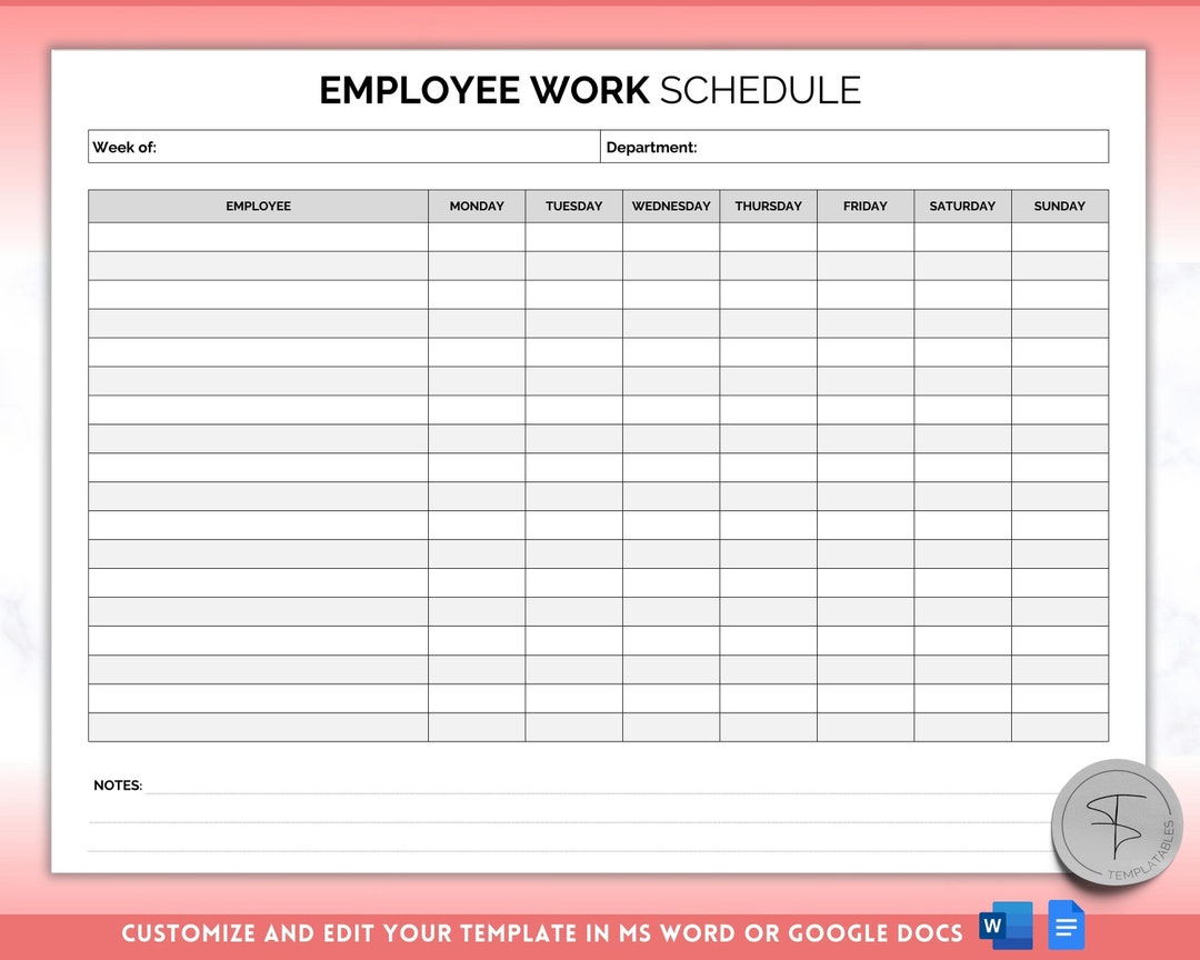 Employee Work Schedule, EDITABLE Employee Time Sheet Template, Weekly ...