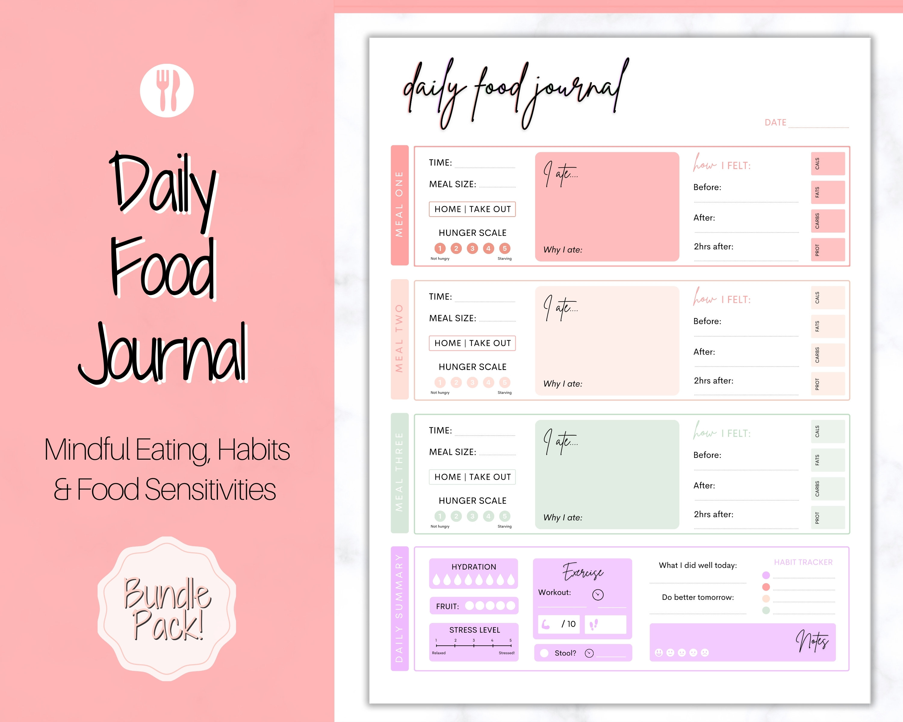 Daily Food Diary Printable, Colorful Food Journal, Diet