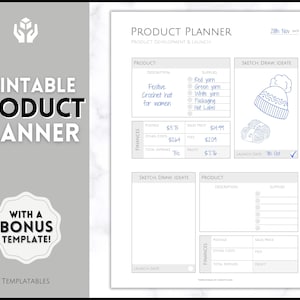 以下が含まれることがあります： お祝いのクロシェハットのイラストが描かれた、印刷可能な製品プランナーテンプレートです。プランナーには、製品の説明、サプライ、財務、スケッチ、描画、アイデア出し、発売日などのセクションがあります。このテンプレートは、製品の計画と発売を支援するために設計されています。