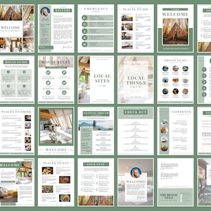 Peut inclure: Un guide de bienvenue pour une location de chalet avec un sch&eacute;ma de couleurs vert et blanc. Le guide comprend des informations sur le r&egrave;glement int&eacute;rieur, les sites locaux, les choses &agrave; faire, les endroits o&ugrave; manger, et plus encore.