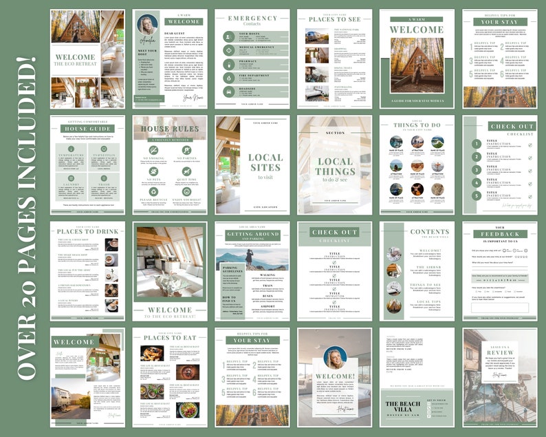 Peut inclure: Un guide de bienvenue pour une location de chalet avec un sch&eacute;ma de couleurs vert et blanc. Le guide comprend des informations sur le r&egrave;glement int&eacute;rieur, les sites locaux, les choses &agrave; faire, les endroits o&ugrave; manger, et plus encore.