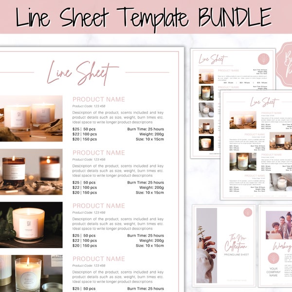 Line Sheet for Wholesale. Price List Template, Editable Candle Template Catalog, Seller shop, Product Sales Sheet, Canva Linesheet Catalogue