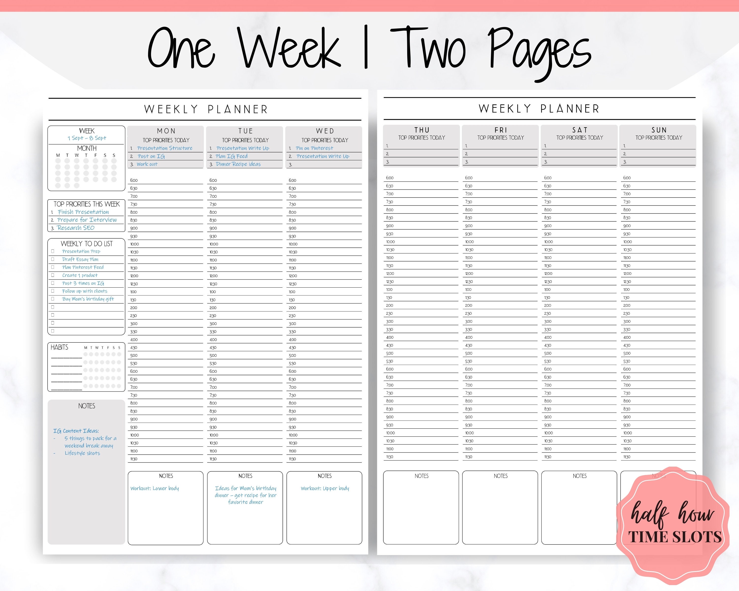 Hourly Planner Weekly Planner Printable Week on 2 Pages - Etsy