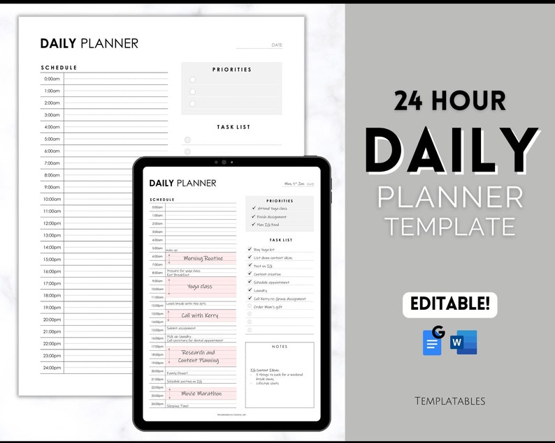 24 Hour Daily Planner EDITABLE Template Hourly Planner to Etsy