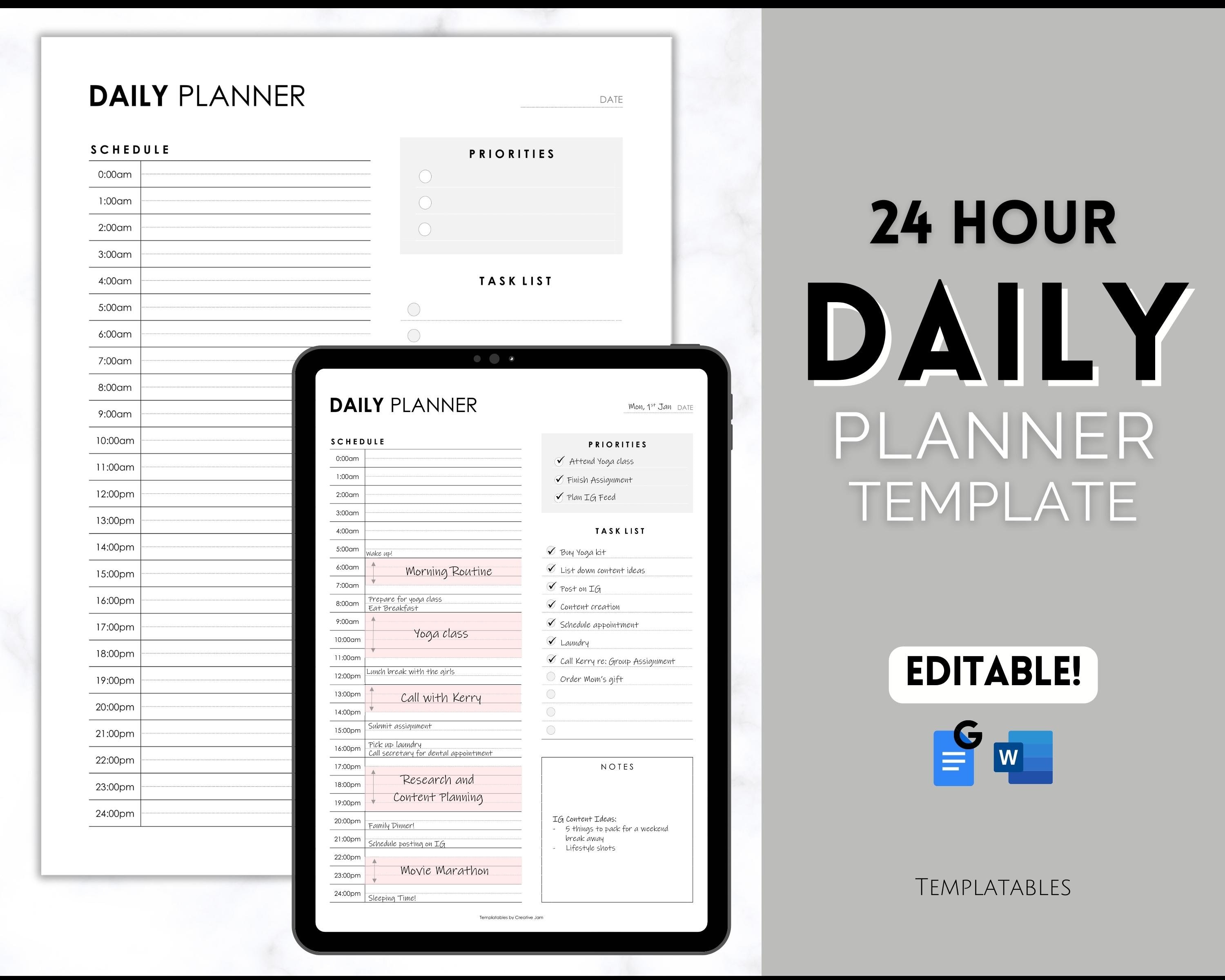 24 Hour Daily Planner EDITABLE Template Hourly Planner to Etsy UK