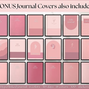 May include: A digital planner with 18 different pink and white journal covers. The covers feature various designs, including floral patterns, abstract shapes, and simple text. The text on the covers reads "daily journal".