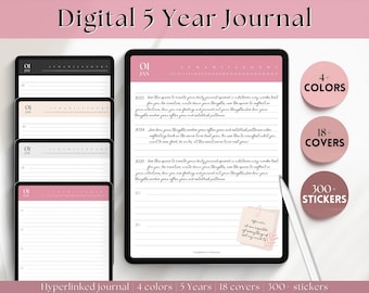 One line a day Digital Daily Journal, 5 year Journal, GoodNotes iPad Notebook, Hyperlinked Digital 365 Diary, Stickers & Covers, Minimalist