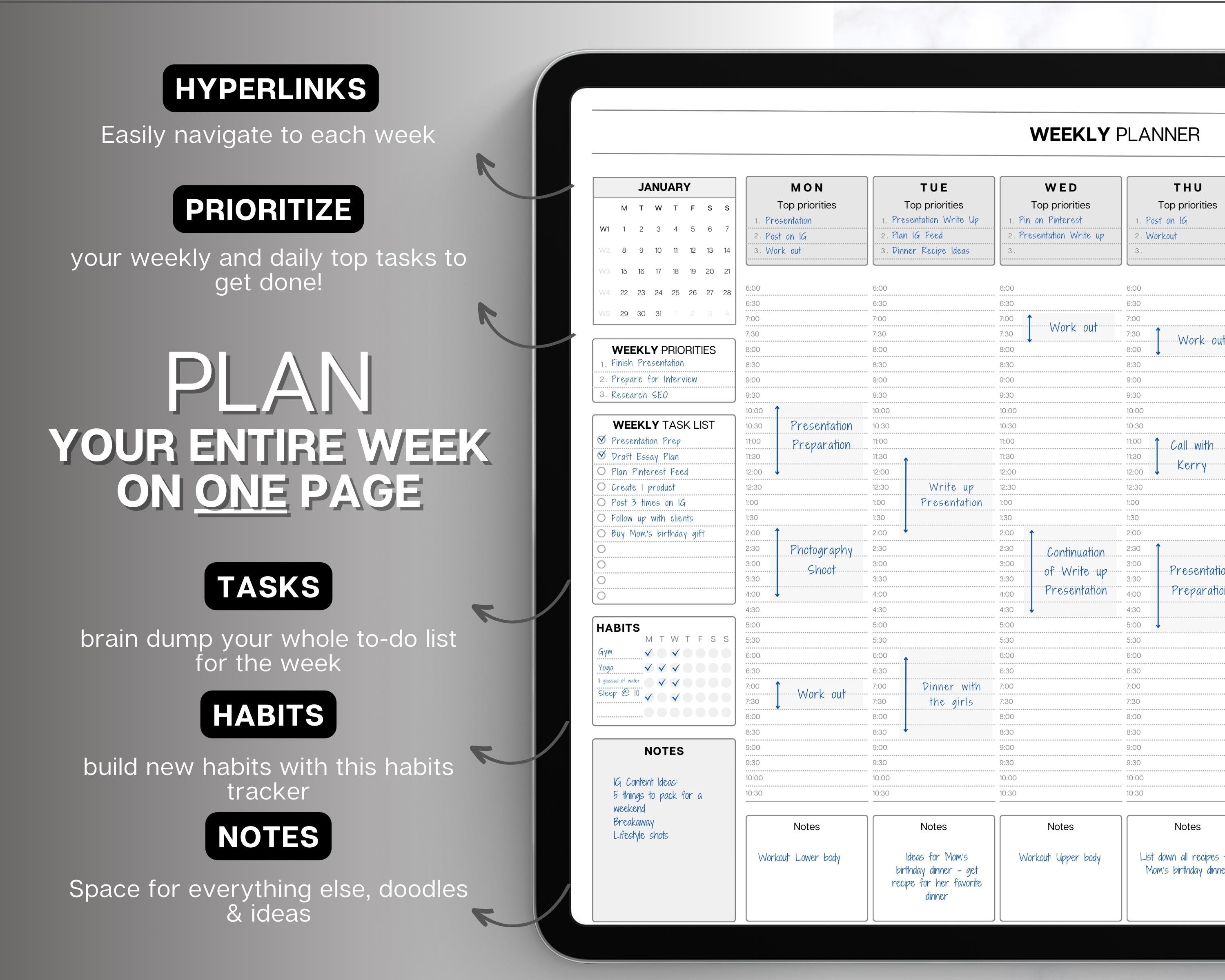 WEEKLY Hourly Digital Planner, 2024 Digital Planner, iPad Planner ...
