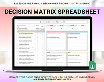 Matriz de decisiones, plantilla de seguimiento de prioridad de tareas, hoja de cálculo de Google Sheets, matriz de Eisenhower, lista de tareas pendientes, tomador de decisiones, volcado de cerebro