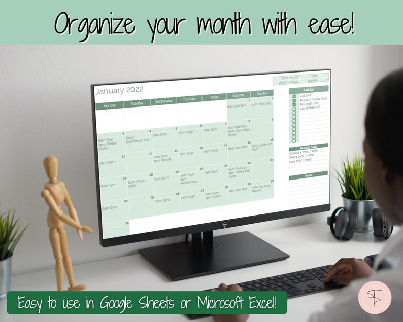 May include: A computer monitor displaying a printable calendar for January 2022. The calendar is designed to be used in Google Sheets or Microsoft Excel. The calendar has a green and white color scheme and includes space for daily tasks and notes.
