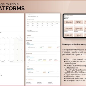 May include: A digital planner template for managing content across multiple social media platforms, including Instagram, TikTok, Pinterest, YouTube, Facebook, LinkedIn, Email List, Blog, and Twitter. The template includes sections for target audience, content types, analytics, content ideas, content bank, caption bank, and curated hashtags.