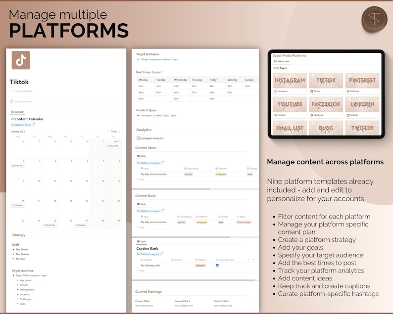 May include: A digital planner template for managing content across multiple social media platforms, including Instagram, TikTok, Pinterest, YouTube, Facebook, LinkedIn, Email List, Blog, and Twitter. The template includes sections for target audience, content types, analytics, content ideas, content bank, caption bank, and curated hashtags.