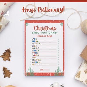 May include: A printable Christmas emoji game with a red background and white snowflakes. The game is called "Christmas Emoji Pictionary" and includes a list of Christmas songs to guess using emojis.