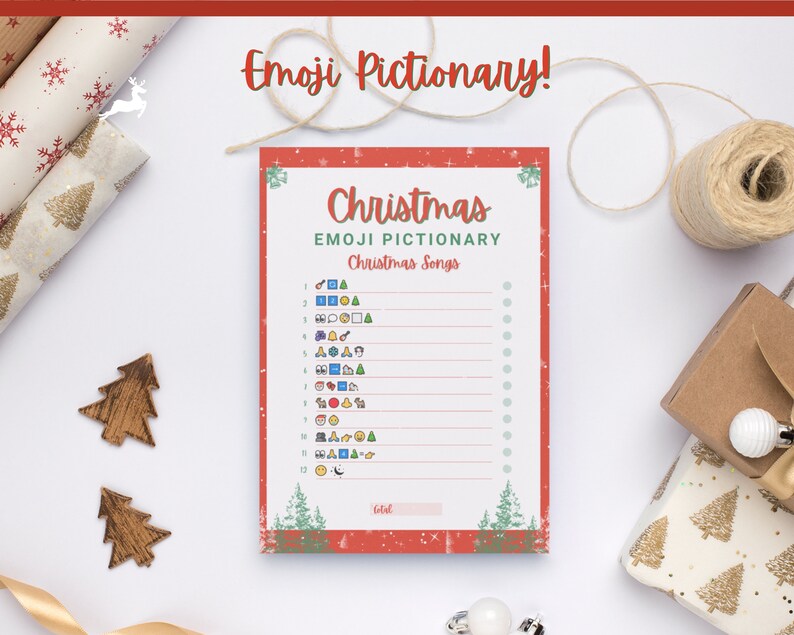 May include: A printable Christmas emoji game with a red background and white snowflakes. The game is called "Christmas Emoji Pictionary" and includes a list of Christmas songs to guess using emojis.