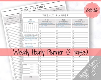 May include: A printable weekly planner with a gray and white color scheme. The planner includes a section for daily to-do lists, weekly priorities, and a section for hourly planning. The planner also includes a section for habits and notes. The text "Weekly Hourly Planner (2 pages)" is printed at the bottom of the page.