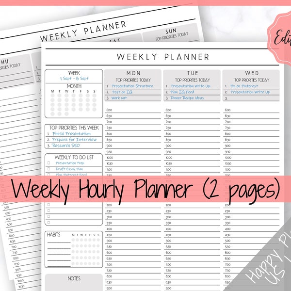 EDITABLE Weekly Planner Printable, Hourly Planner, Week on 2 pages WO2P, Weekly Schedule, Undated Planner, 2024 Weekly Organizer, To Do List