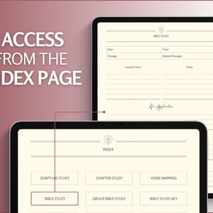 May include: A digital tablet screen displaying an index page with buttons for different types of Bible study, including Scripture Study, Chapter Study, Verse Mapping, Bible Study, Group Bible Study, and Bible Study Key.