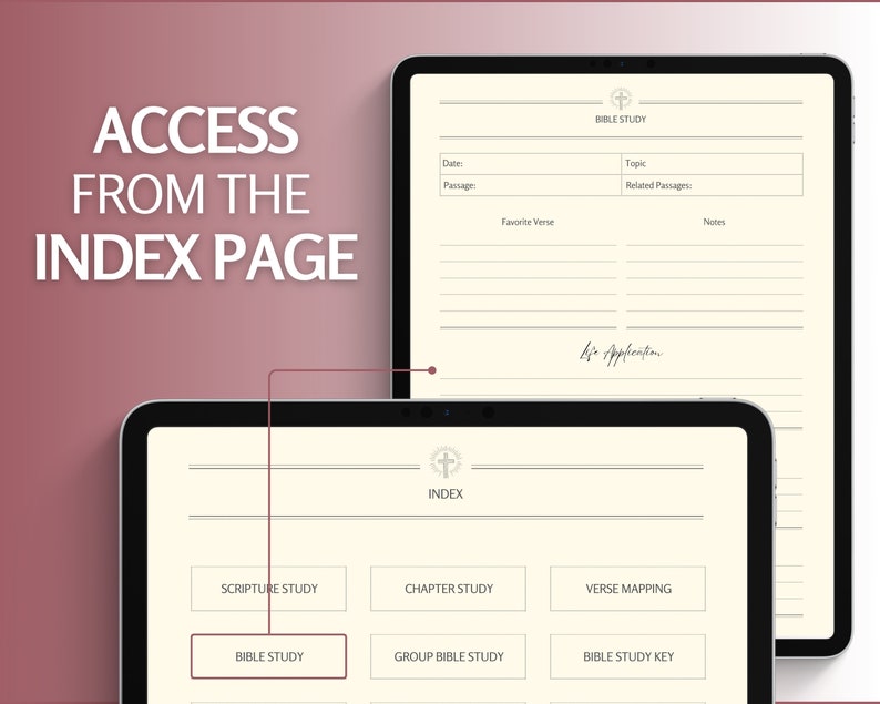 May include: A digital tablet screen displaying an index page with buttons for different types of Bible study, including Scripture Study, Chapter Study, Verse Mapping, Bible Study, Group Bible Study, and Bible Study Key.