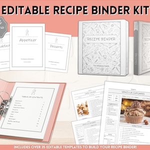 Paquete de plantillas de carpeta de recetas, plantilla de libro de recetas EDITABLE, kit de libro de cocina, tarjeta de recetas, página de recetas, hoja de recetas, planificador de alimentos, más de 35 páginas