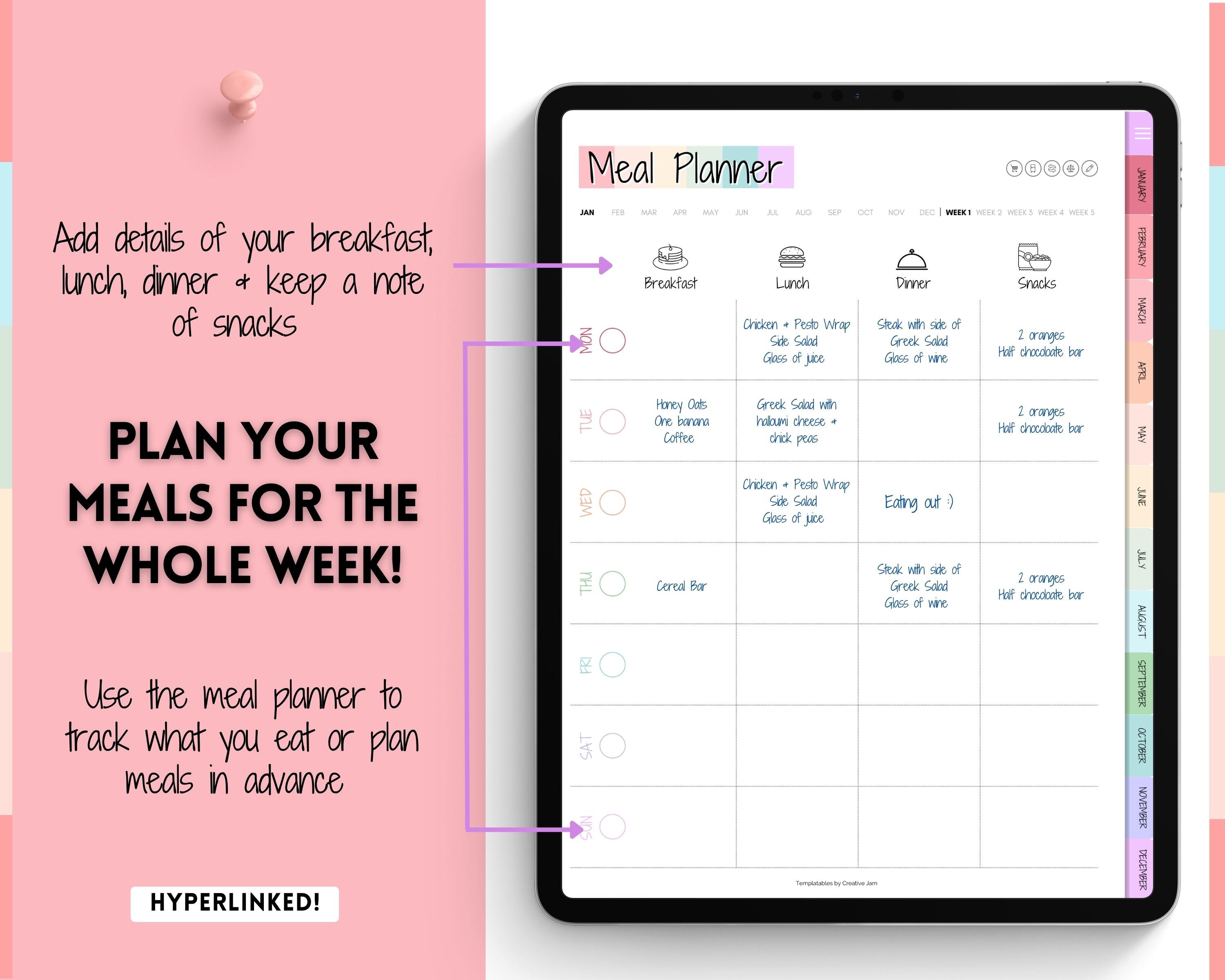 Colorful Weekly Meal Planner, Digital Meal Planner, Meal Plan Template ...