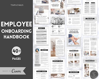 May include: A black and white digital template for an employee onboarding handbook. The template includes sections for what to expect, benefits, welcome, meet the team, remote working, company values, resource guide, legal, and our history. The template is made in Canva and includes over 40 pages.