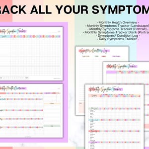 May include: A set of printable symptom trackers in a pastel color scheme. The trackers include a monthly health overview, a monthly symptom tracker, a symptom and condition log, and a daily symptom tracker.
