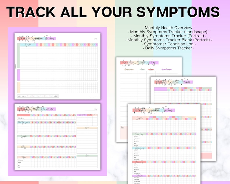 May include: A set of printable symptom trackers in a pastel color scheme. The trackers include a monthly health overview, a monthly symptom tracker, a symptom and condition log, and a daily symptom tracker.