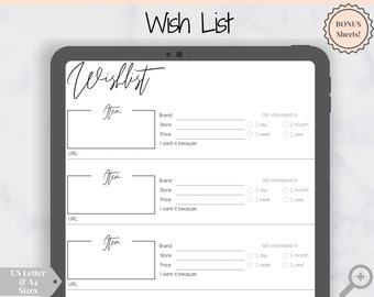 Wunschliste druckbare Tracker Vorlage einfügen. Weihnachten, Geburtstag, Urlaub, Shopping Wunschliste. Geschenke für mich. Wünsch dir was. Geschenkliste PDF