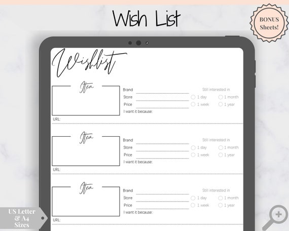 Wishlist Printable Tracker Template Insert. Christmas, birthday, holiday, shopping wish list. Gifts for me. Make a wish. Giftlist PDF