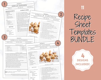 May include: Four printable recipe sheet templates for vanilla cupcakes. Each template features a different design with a photo of cupcakes and a list of ingredients and directions. The text on the image reads "Recipe Sheet Templates Bundle" and "4 Designs Included!"
