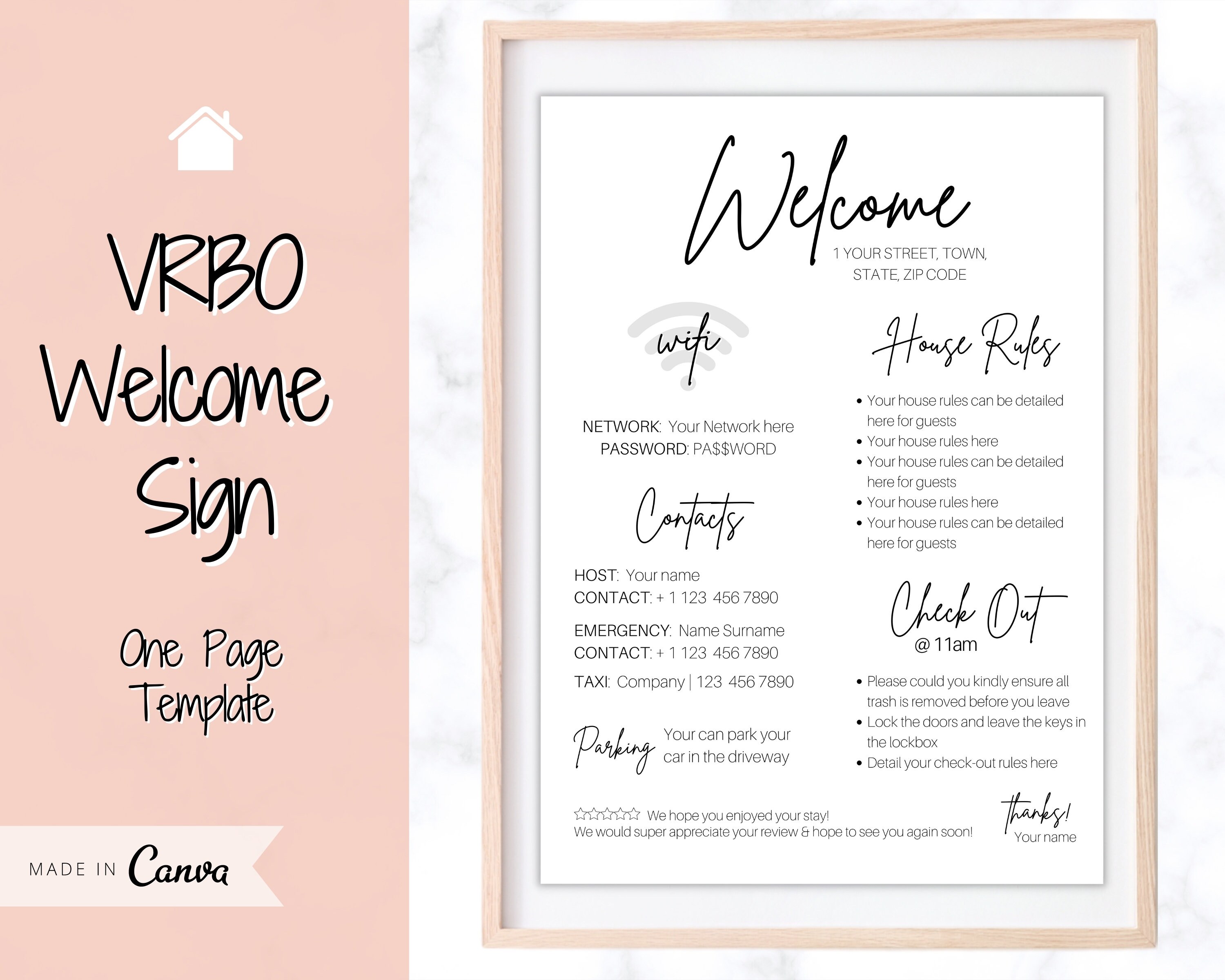 1 Page VRBO Welcome Poster Template Airbnb Welcome Book Wifi Etsy