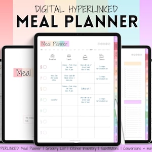 Planificateur de repas hebdomadaire coloré, planificateur de repas numérique, modèle de plan de repas, planificateur iPad GoodNotes, préparation de repas, liste de courses, cuisine, menu de plats