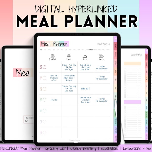 Planificateur de repas hebdomadaire coloré, planificateur de repas numérique, modèle de plan de repas, planificateur iPad GoodNotes, préparation de repas, liste d'épicerie, cuisine, menu alimentaire