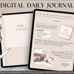 Puede incluir: Una aplicación de diario digital diario con un esquema de color rosa y blanco. La aplicación incluye un calendario, afirmaciones diarias, indicaciones de gratitud y una sección de resaltado diario. La aplicación también incluye más de 300 pegatinas y 18 cubiertas diferentes.