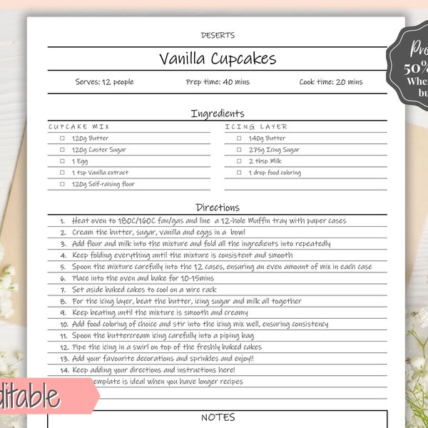 Recipe Page template, EDITABLE Recipe Book Template, Recipe Cards, Minimal Recipe Binder, 8.5x11 Printable Farmhouse, Food Planner Cookbook