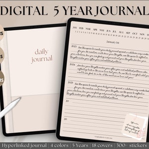 Op de afbeelding: Een digitaal dagboek met een roze en witte omslag. Het dagboek is ontworpen voor dagelijks gebruik en biedt ruimte om vijf jaar lang te journalen. Het dagboek heeft 18 omslagen, 4 kleuren en 300 stickers. De tekst op de omslag luidt "Digitaal 5-jarig dagboek" en "dagelijks dagboek".