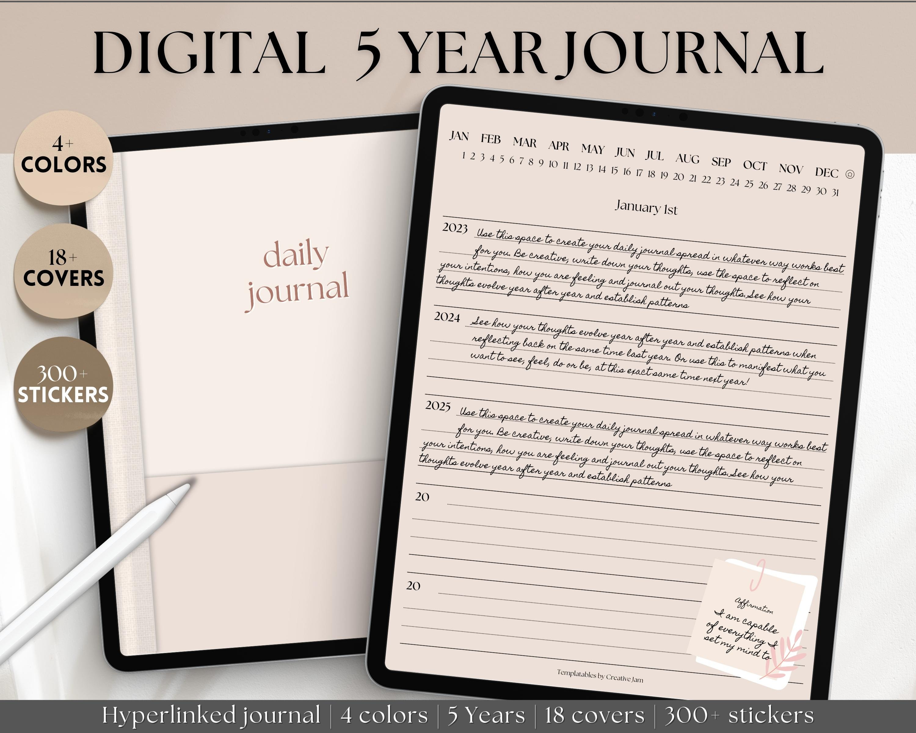 One Line a Day Digital Daily Journal, 5 Year Journal, Goodnotes iPad  Notebook, Hyperlinked Digital 365 Diary, Stickers & Covers, Minimalist 