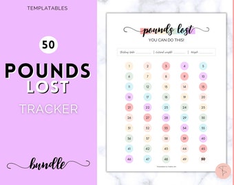 Weight Loss Tracker, 50 lbs, Pack of 5 Pounds Lost Trackers, 10 20, 30, 50, 100, Printable Weight Loss Chart, Fitness Journal, Diet Habit