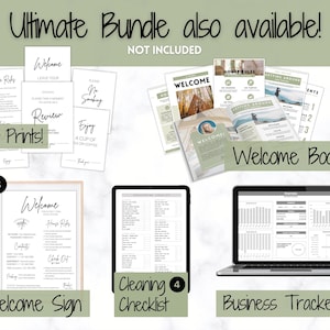 May include: A digital product bundle for Airbnb hosts, including 15 printable signs, a welcome book, a cleaning checklist, and a business tracker. The bundle is designed to help hosts create a welcoming and organized experience for their guests.