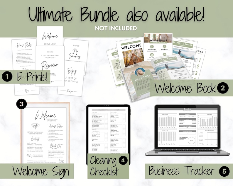 May include: A digital product bundle for Airbnb hosts, including 15 printable signs, a welcome book, a cleaning checklist, and a business tracker. The bundle is designed to help hosts create a welcoming and organized experience for their guests.