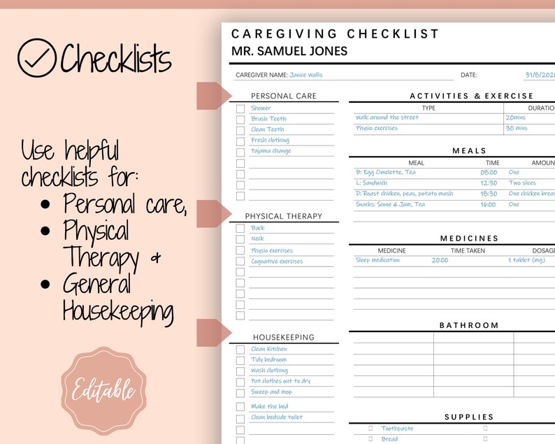 Caregiving Elderly Care Checklist. EDITABLE Printable is ideal for Caregivers. Daily cleaning, Daily Tasks, Housekeeping, Care log Template image 4