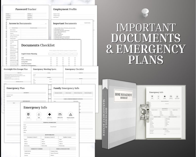 Puede incluir: Una carpeta gris etiquetada como "Home Management Binder Kit" con varias plantillas de documentos para planes de emergencia e informaci&oacute;n importante. La imagen incluye listas de verificaci&oacute;n, rastreadores de contrase&ntilde;as y formularios de contacto de emergencia. Se muestra el texto "Important Documents & Emergency Plans".