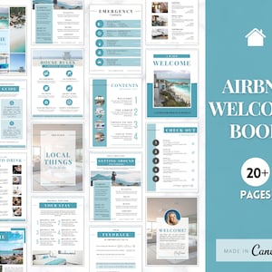 Pode incluir: Um livro de boas-vindas azul e branco para anfitriões do Airbnb com mais de 20 páginas. O livro inclui seções para as regras da casa, conforto, coisas para fazer na área, como se locomover, dicas úteis para sua estadia, comentários e as instruções de saída. O livro é feito no Canva.