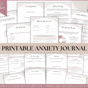 Printable Anxiety Journal, Anxiety Worksheets, 130 pg Anxiety Relief Workbook with 70+ Prompts, CBT Therapy Notebook, Mental Health Wellness