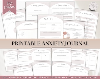 Printable Anxiety Journal, Anxiety Worksheets, 130 pg Anxiety Relief Workbook with 70+ Prompts, CBT Therapy Notebook, Mental Health Wellness