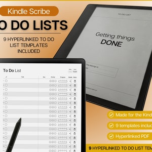 May include: A black and white image of a Kindle Scribe e-reader displaying a to-do list template. The text "To Do List" is at the top of the screen. The image also shows a stylus and the text "9 HYPERLINKED TO DO LIST TEMPLATES INCLUDED".
